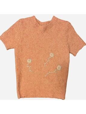 Fate Peach Fuzzy Knit Short Sleeve Sweater Embroidered Wildflowers Size S